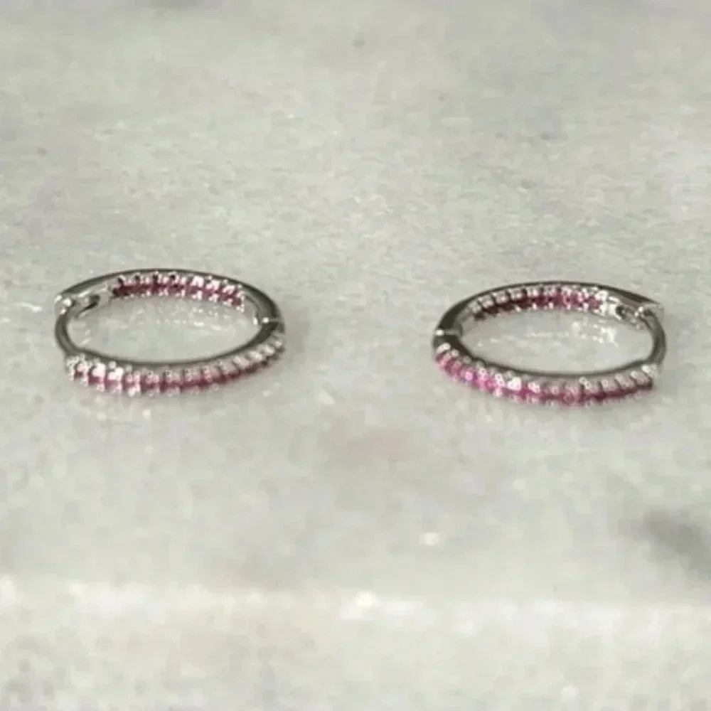NEW STOCK Sterling Silver Pink Crystal Pave Hoop Earrings
